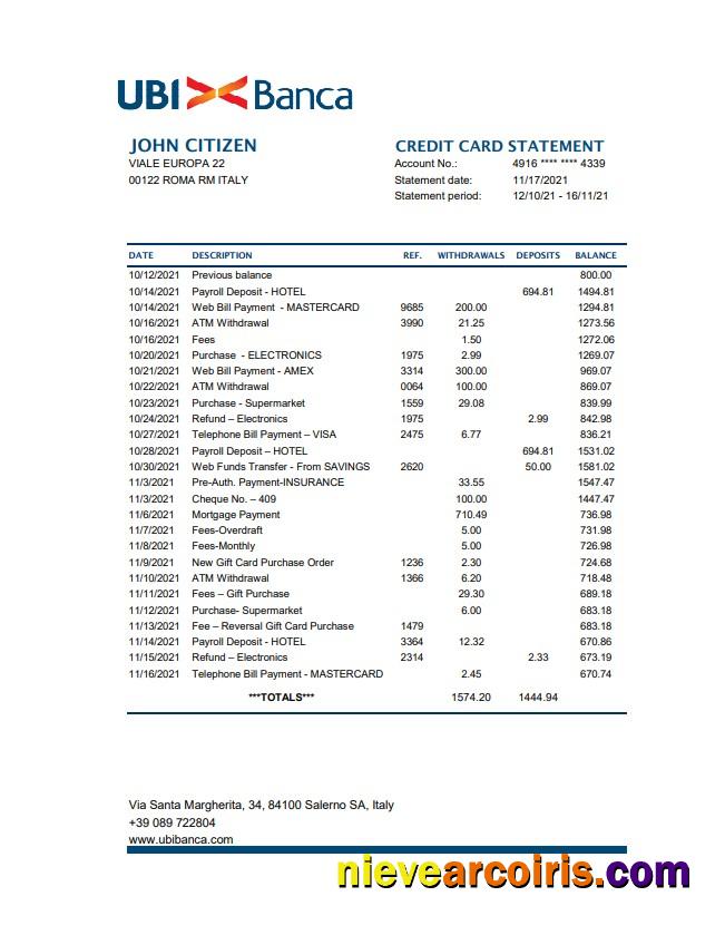 Italy UBI BANCA bank statement easy to fill in Excel and PDF format